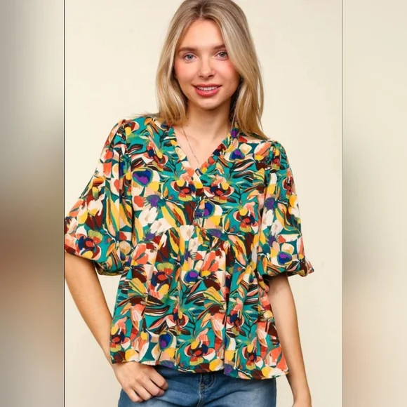 Floral Multicolor Puff Sleeve Blouse - Picture 1 of 2